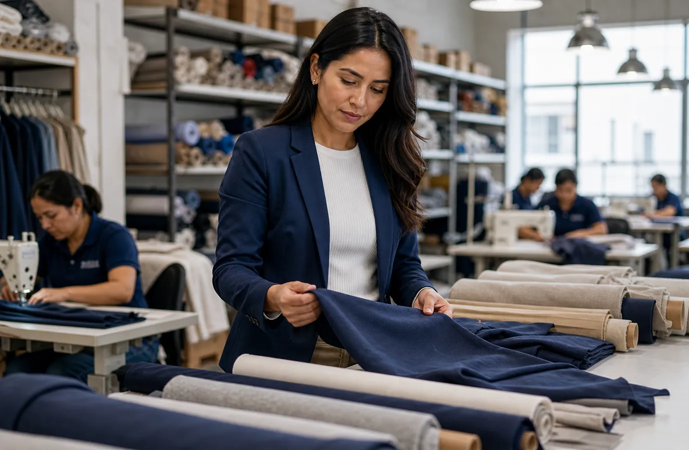 Empresaria supervisando una operación textil peruana